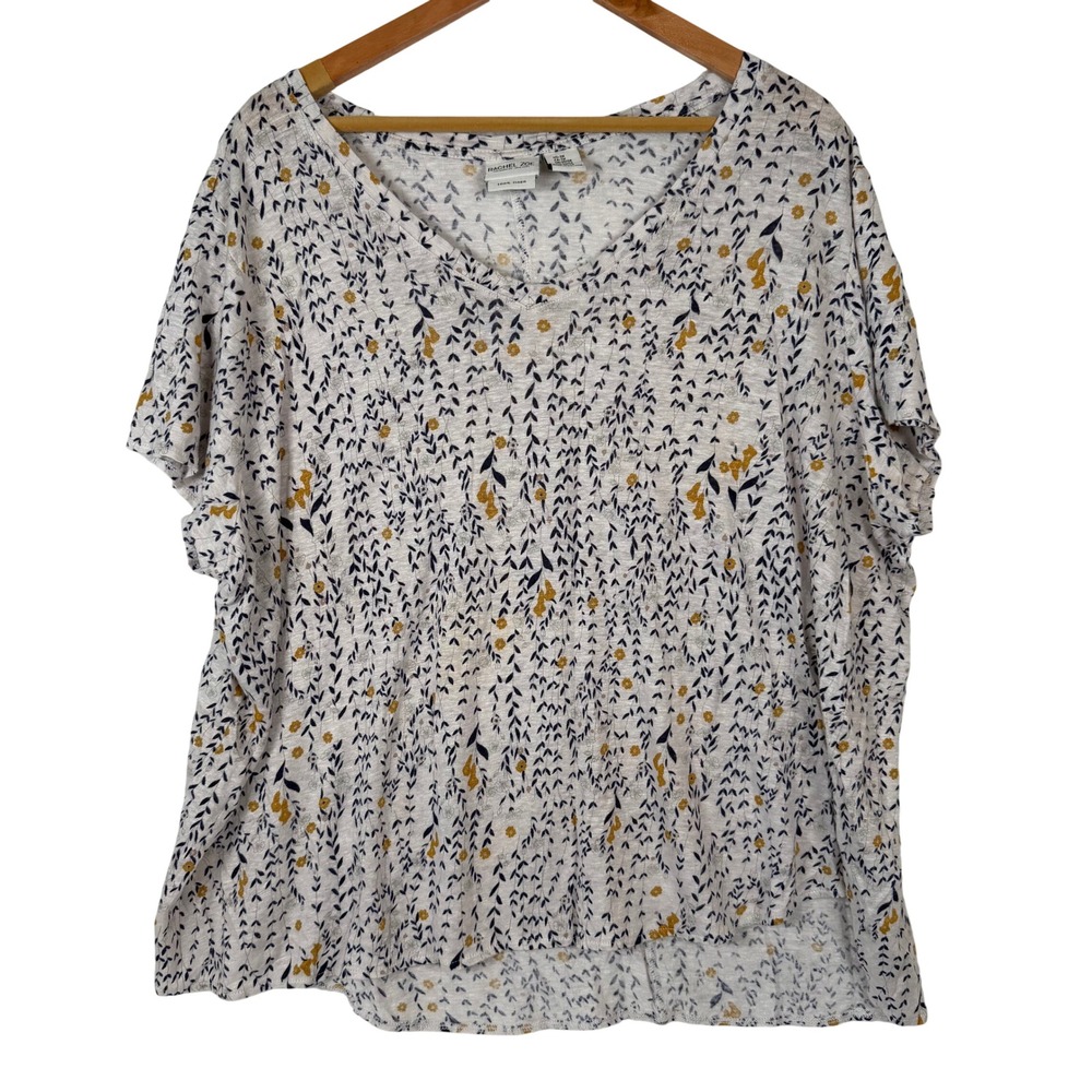 Rachel Zoe Top Women 3X White Floral 100% Linen V-Neck Short Sleeve Blouse Boxy
